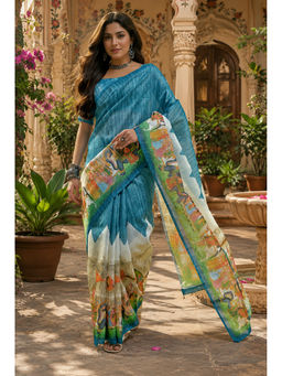 AMRUTKALA SAREES - Teal Linen Printed Saree with Unstitched Blouse