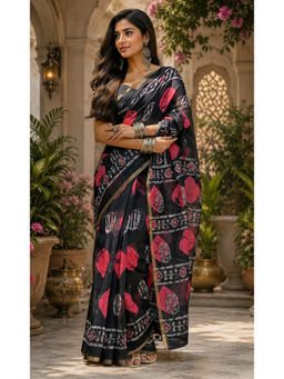 AMRUTKALA SAREES - Black Designer Printed Saree with Unstitched Blouse