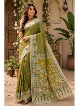 AMRUTKALA SAREES - Green Designer Linen Floral Print Saree with Unstitched Blouse
