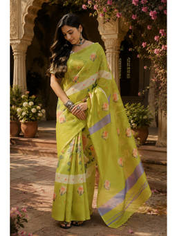 AMRUTKALA SAREES - Green Designer Floral Print Linen Saree with Unstitched Blouse