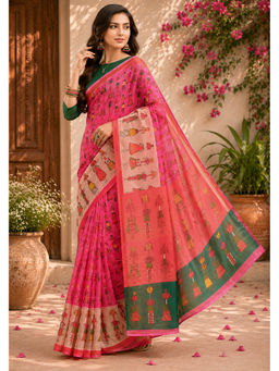 AMRUTKALA SAREES - Designer Pink Linen Printed Saree with Unstitched Blouse