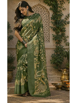 AMRUTKALA SAREES - Designer Linen Green Printed Saree with Unstitched Blouse