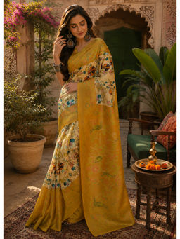 AMRUTKALA SAREES - Designer Yellow Linen Printed Saree with Unstitched Blouse