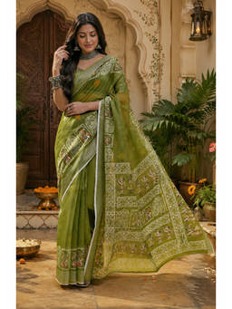 AMRUTKALA SAREES - Green Designer Linen Printed Casual Saree with Unstitched Blouse