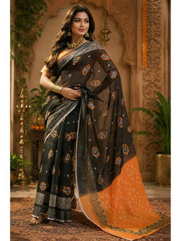AMRUTKALA SAREES - Black Designer Casual Linen Printed Saree with Unstitched Blouse