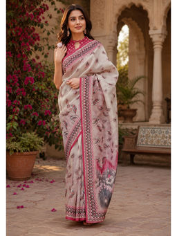 AMRUTKALA SAREES - Designer Linen Beige Printed Saree with Unstitched Blouse