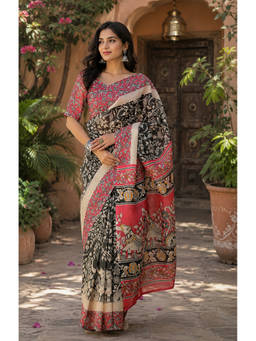 AMRUTKALA SAREES - Black Designer Linen Printed Saree with Unstitched Blouse