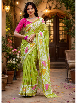 AMRUTKALA SAREES - Green Designer Linen Printed Saree with Unstitched Blouse