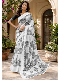 AMRUTKALA SAREES - White Designer Linen Printed Saree with Unstitched Blouse