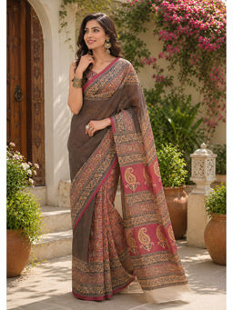 AMRUTKALA SAREES - Brown Linen Printed Saree with Unstitched Blouse