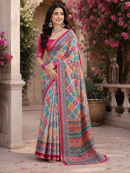 AMRUTKALA SAREES - Multi-Color Designer Linen Printed Saree with Unstitched Blouse