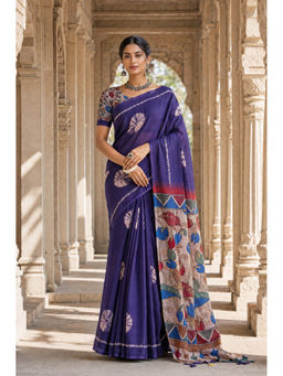 AMRUTKALA SAREES - Blue Designer Linen Floral Printed Saree with Unstitched Blouse
