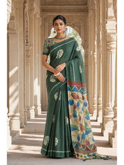 AMRUTKALA SAREES - Green Designer Linen Floral Printed Saree with Unstitched Blouse