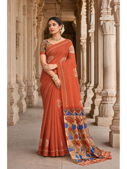 AMRUTKALA SAREES - Orange Designer Linen Floral Printed Saree with Unstitched Blouse