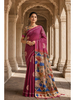 AMRUTKALA SAREES - Pink Designer Linen Floral Printed Saree with Unstitched Blouse