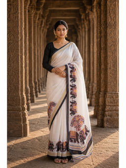AMRUTKALA SAREES - White Linen Printed Saree with Unstitched Blouse