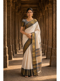 AMRUTKALA SAREES - Off White Designer Silk Kanjivaram Saree with Unstitched Blouse