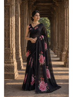 AMRUTKALA SAREES - Designer Black Linen Printed Saree with Unstitched Blouse