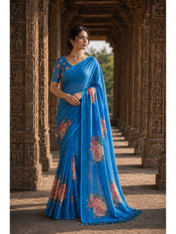 AMRUTKALA SAREES - Blue Designer Linen Floral Print Saree with Unstitched Blouse