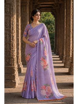 AMRUTKALA SAREES - Purple Linen Designer Printed Saree with Unstitched Blouse