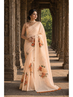 AMRUTKALA SAREES - Peach Designer Linen Printed Saree with Unstitched Blouse