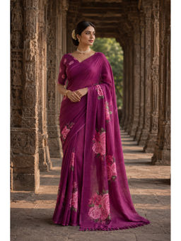 AMRUTKALA SAREES - Magenta Designer Linen Printed Saree with Unstitched Blouse