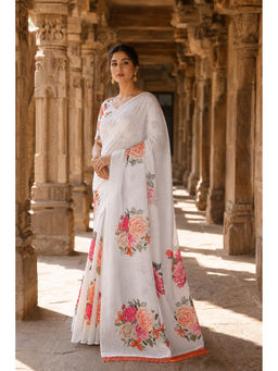 AMRUTKALA SAREES - White Designer Linen Floral Saree with Unstitched Blouse