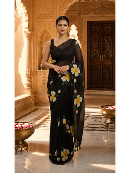 AMRUTKALA SAREES - Black Designer Linen Floral Printed Saree with Unstitched Blouse