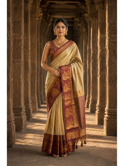 AMRUTKALA SAREES - Beige Designer Silk Kanjivaram Saree with Unstitched Blouse