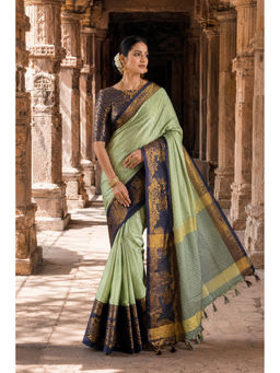 AMRUTKALA SAREES - Green Silk Kanjivaram Saree with Unstitched Blouse