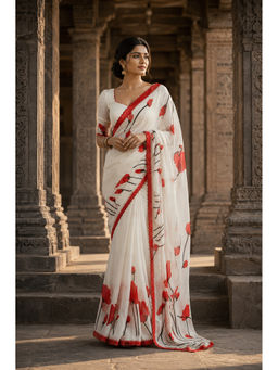 AMRUTKALA SAREES - White-Red Designer Linen Printed Saree with Unstitched Blouse