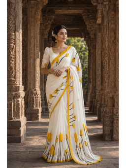 AMRUTKALA SAREES - White-Yellow Designer Linen Printed Saree with Unstitched Blouse
