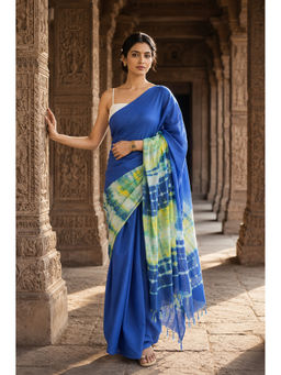 AMRUTKALA SAREES - Blue Designer Printed Linen Saree with Unstitched Blouse