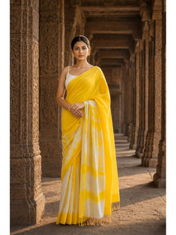 AMRUTKALA SAREES - Yellow Designer Linen Printed Tassels Saree with Unstitched Blouse