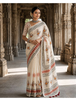 AMRUTKALA SAREES - White Designer Linen Floral Printed Saree with Unstitched Blouse