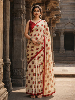 AMRUTKALA SAREES - Beige Designer Linen Printed Saree with Unstitched Blouse