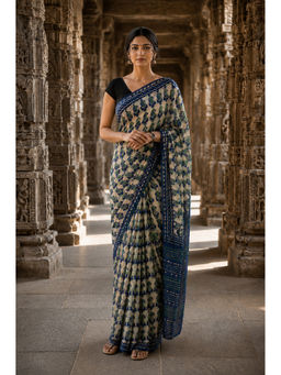 AMRUTKALA SAREES - Blue Designer Linen Printed Saree with Unstitched Blouse