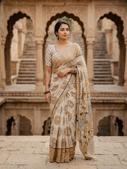 AMRUTKALA SAREES - Beige Designer Linen Floral Printed Saree with Unstitched Blouse