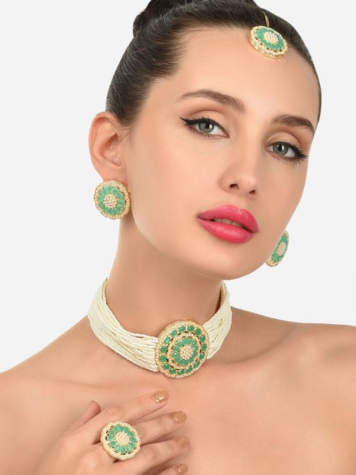 Zaveri Pearls Green Stones Multistrand Choker Necklace Earring Maangtikka and Ring Set-ZPFK12141