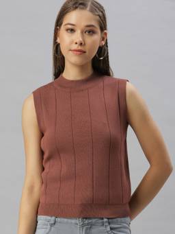 SHOWOFFFF - Women Choker Neck Solid Brown Regular Top