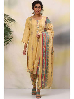 Biba - Yellow Cotton Unstitched Suit (Set of 3)