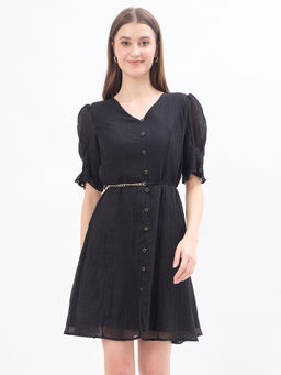 Madame - Women Textured Nylon Dress with Belt