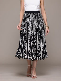 Label Ritu Kumar - Black Arabesq Printed Pleated Skirt