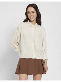 American Eagle - Women Cream Cropped Oxford Button Up Shirt