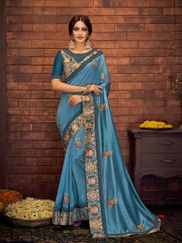 Odette - Blue Satin Silk Designer Saree with Unstitched Blouse