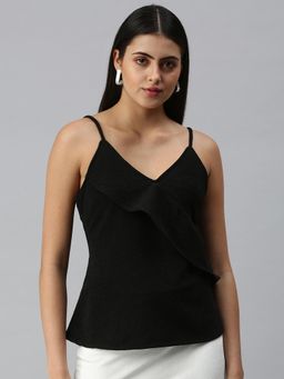 SHOWOFFFF - Women Shoulder Straps Sleeveless Self Design Black Top