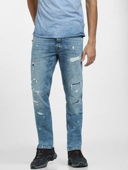 Jack & Jones - Light Blue Low Rise Distressed Tim Slim Fit Jeans