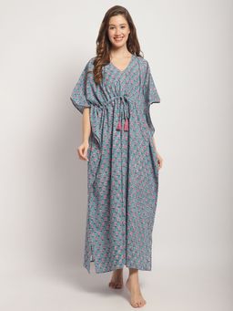 Secret Wish - Womens Blue Jaipuri Floral Print Kaftan Nightdress