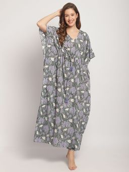 Secret Wish - Womens Green Printed Cotton Kaftan Nightdress