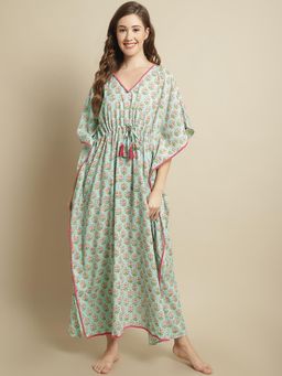 Secret Wish - Womens Sky Blue Floral Cotton Kaftan Nightdress